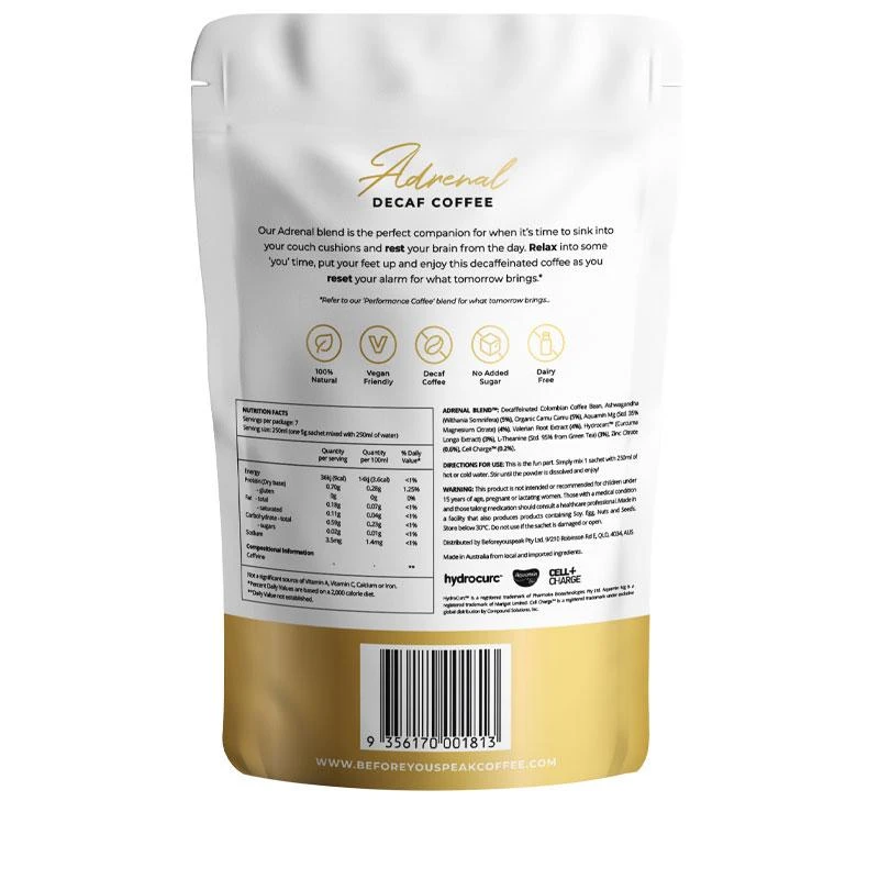 Beforeyouspeak Adrenal Decaf Coffee - Unsweetened (7 Serves) 2 Beforeyouspeak Adrenal Decaf Coffee - Unsweetened (7 Serves) - Image 2